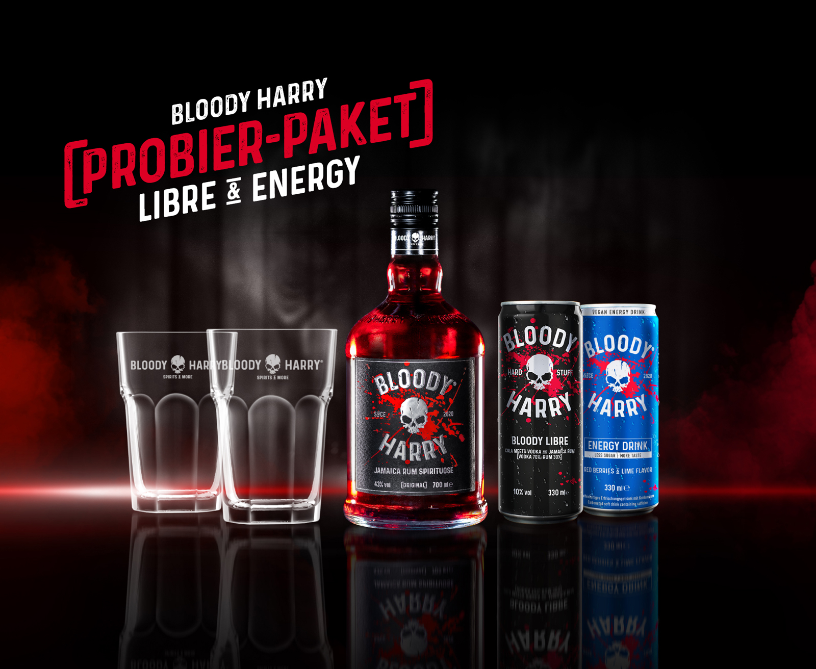 BLOODY HARRY Rum-Spirituose Probier-Paket mit Gläsern