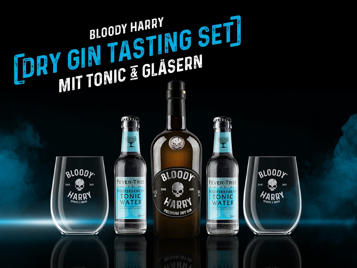 BLOODY HARRY Premium Dry Gin Tasting Set mit Tonic & Gläsern