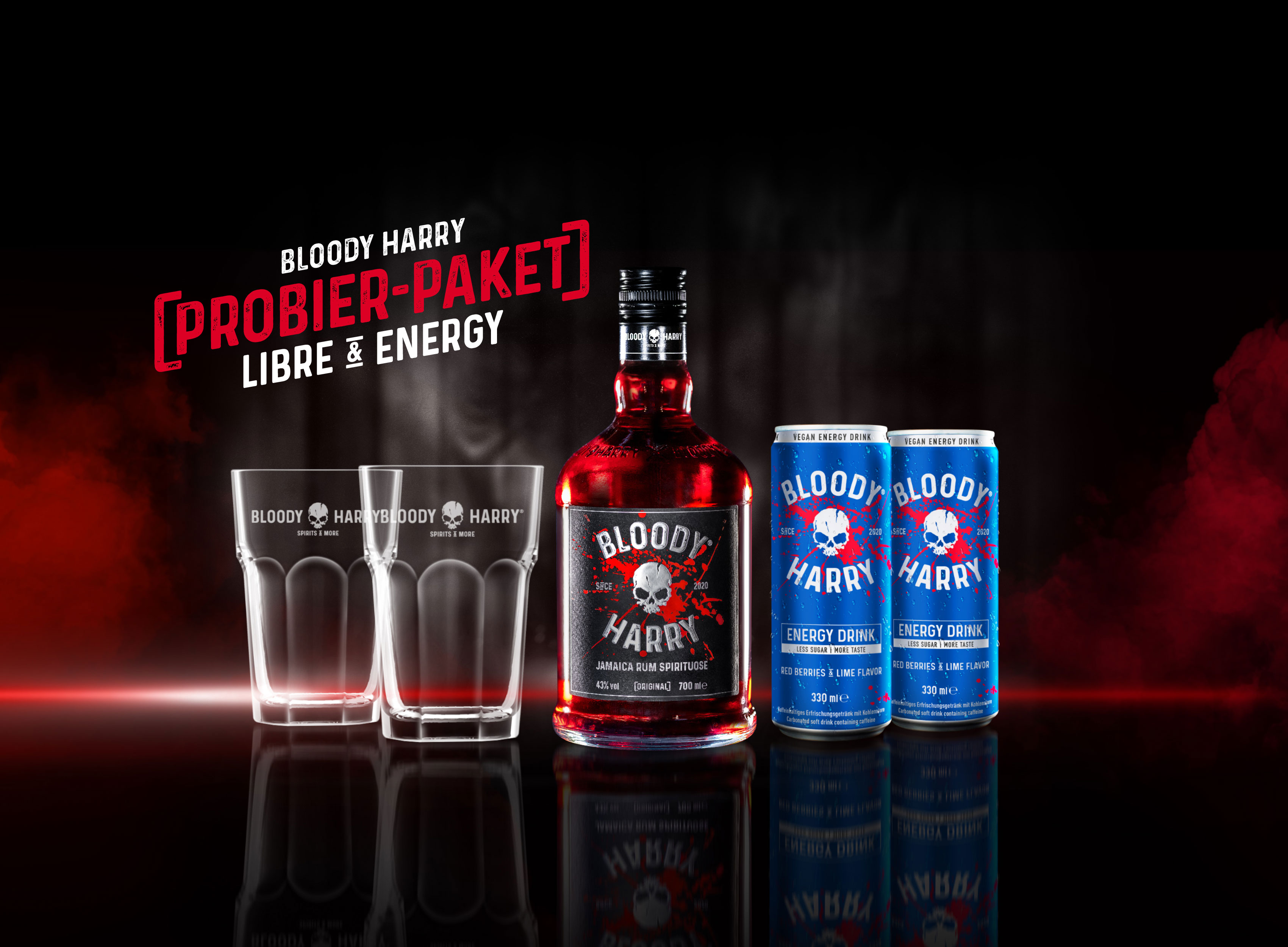 BLOODY HARRY Rum-Spirituose Probier-Paket mit Gläsern